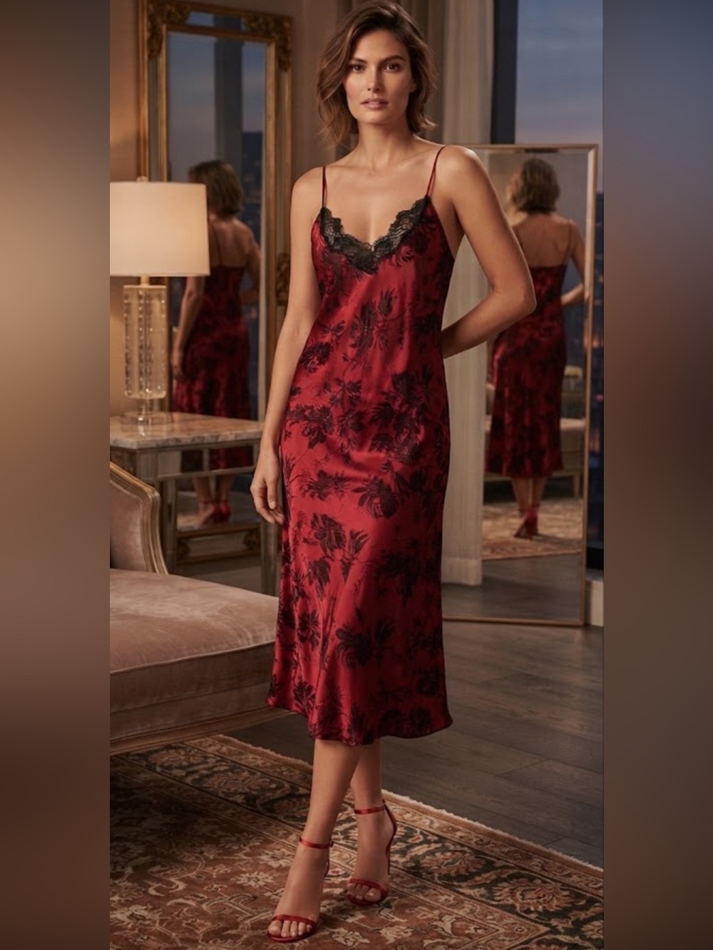 Vintage Natori Private Luxuries red/black floral slip dress